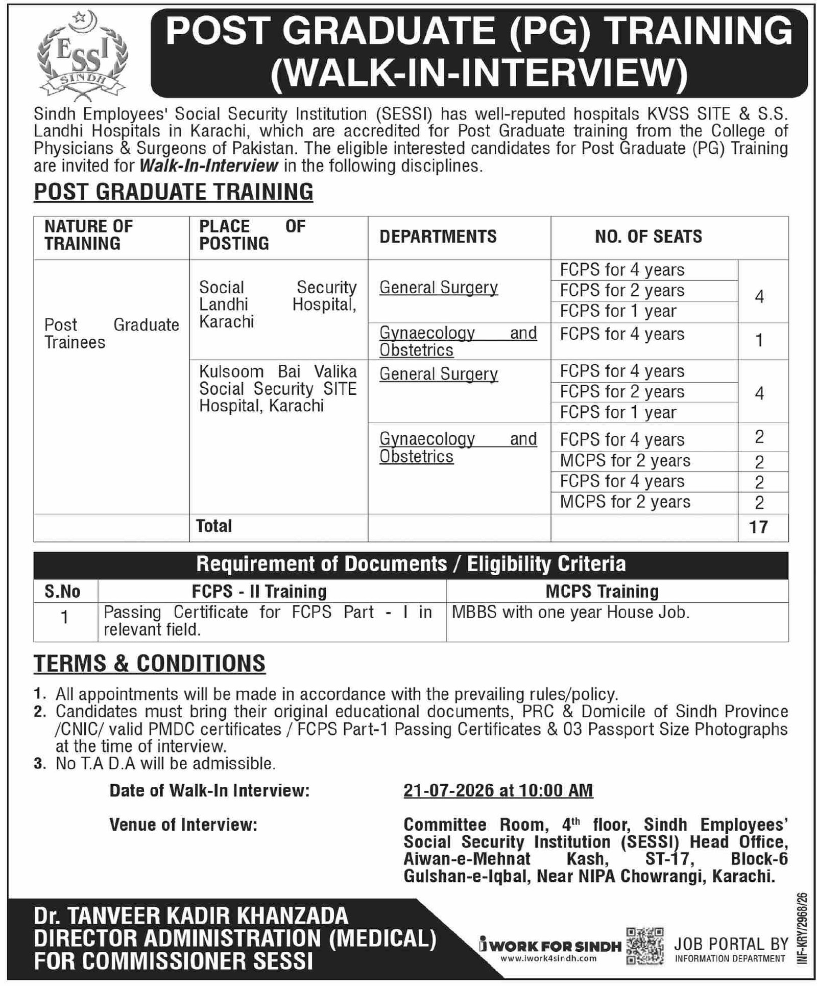 SESSI Post Graduate (PG) Training 2026 Walk-in Interview