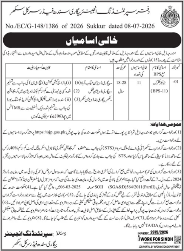 Engineer Begari Sindh Feeder Circle Irrigation Department Jobs