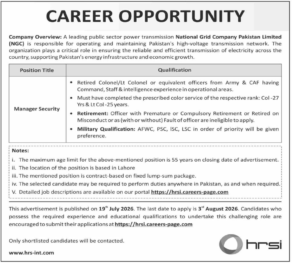 National Grid Company Pakistan Limited Security Jobs 2026
