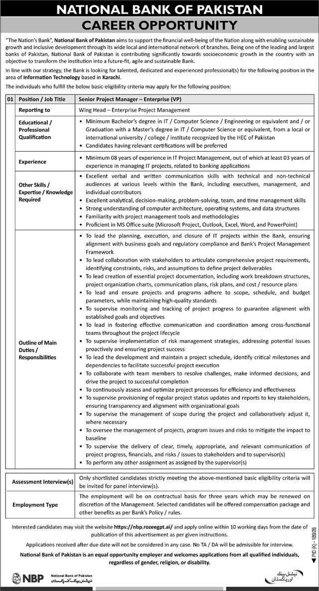 National Bank of Pakistan Senior Project Manager Enterprise