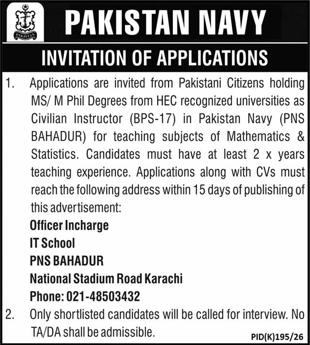 Pakistan Navy Civilian Instructor Jobs 2026