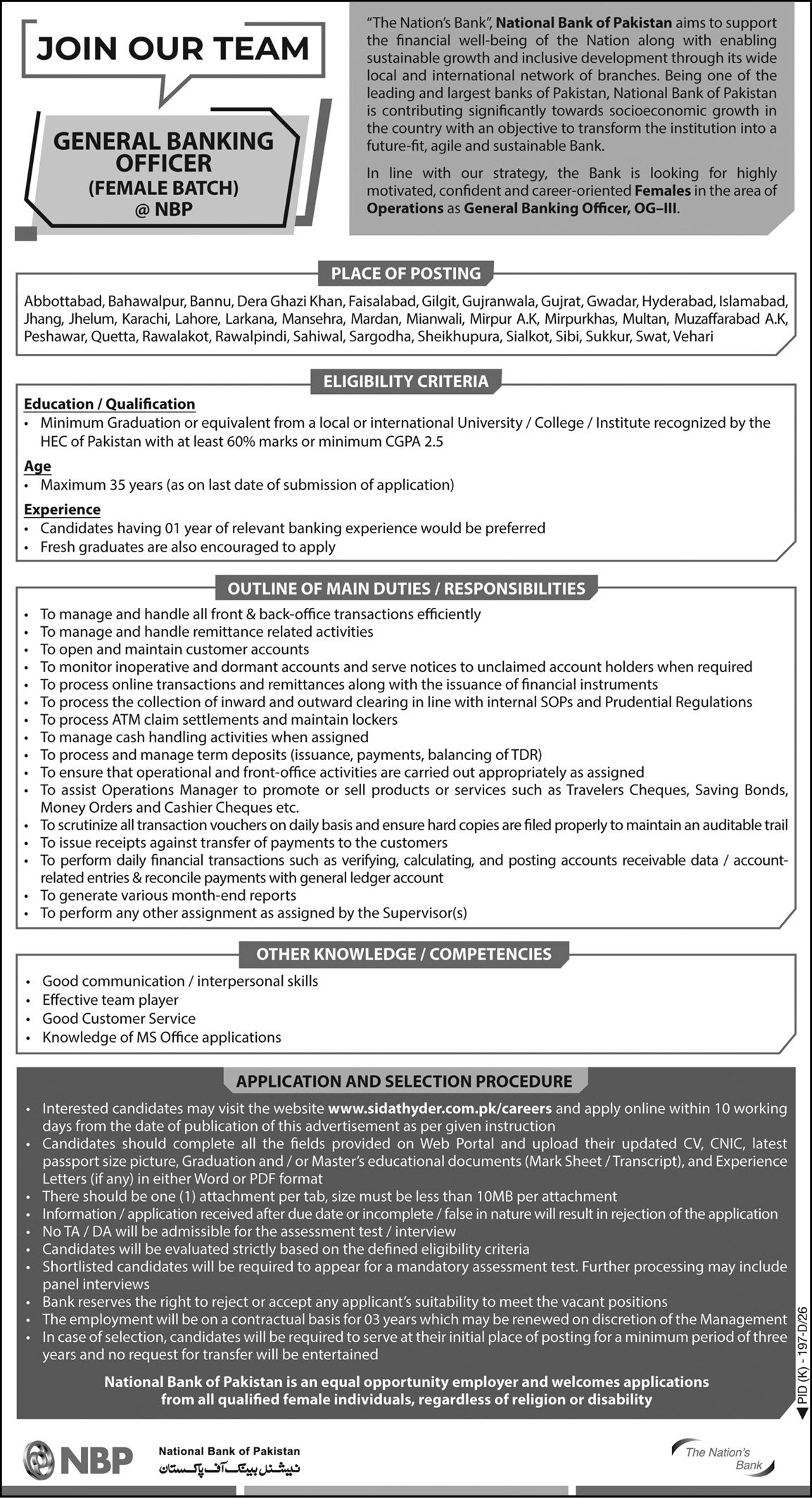National Bank of Pakistan General Banking Officer