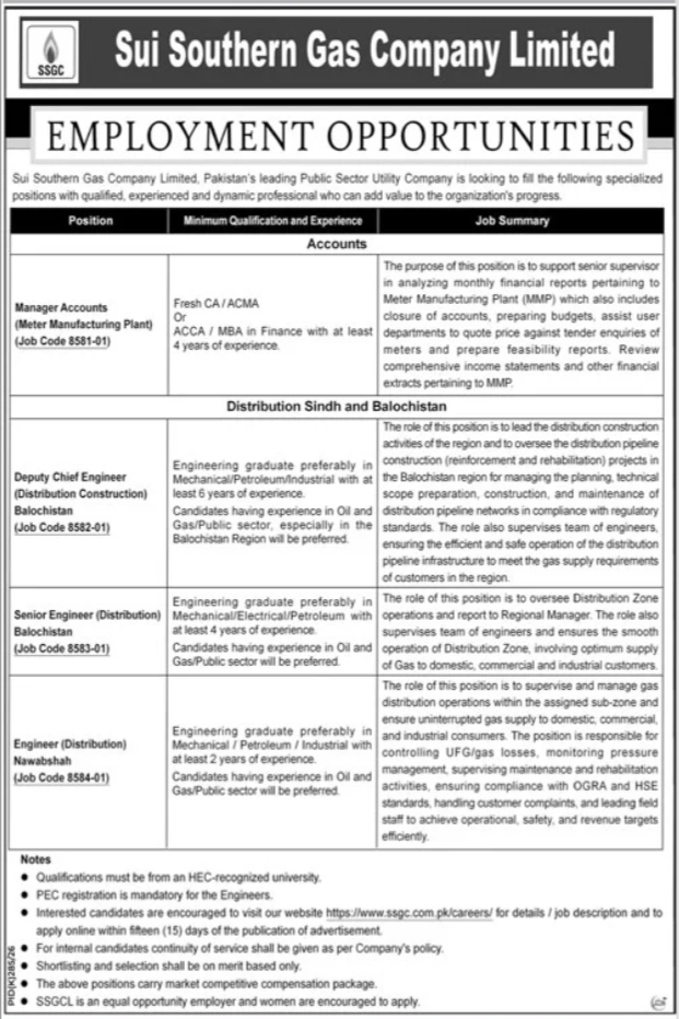 SSGC Jobs 2026 Sui Southern Gas Company Limited 