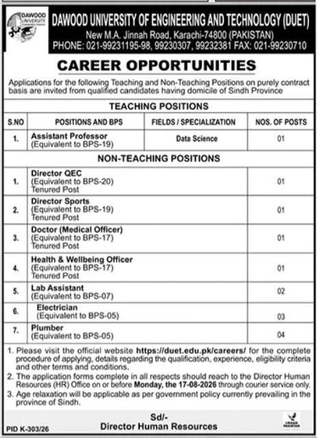 Dawood University of Engineering and Technology (DUET) Jobs 2026
