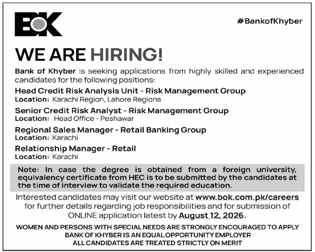 Latest Bank of Khyber (BOK) Jobs 2026