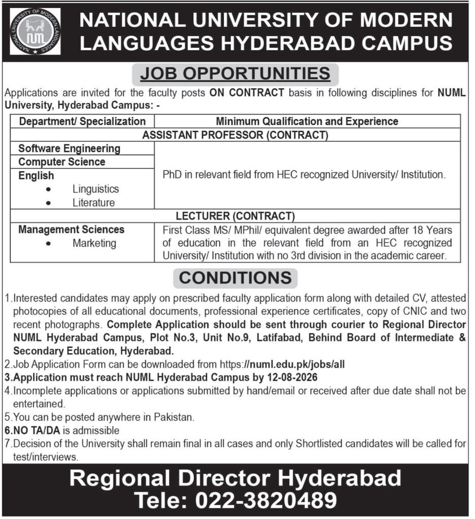 National University of Modern Languages Campus Jobs 2026