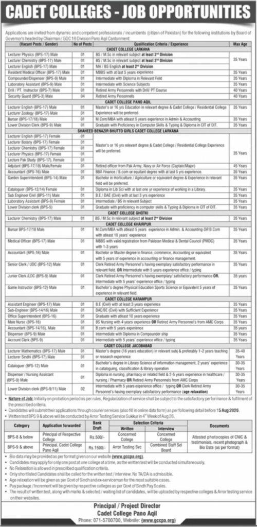 Cadet College Jobs Opportunities in Sindh 2026