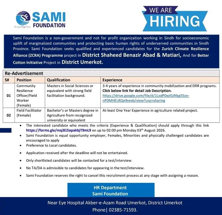 Latest Sami Foundation NGO Jobs in Sindh 2026