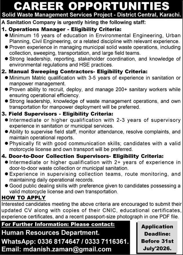 Solid Waste Management Services Sindh Jobs 2026