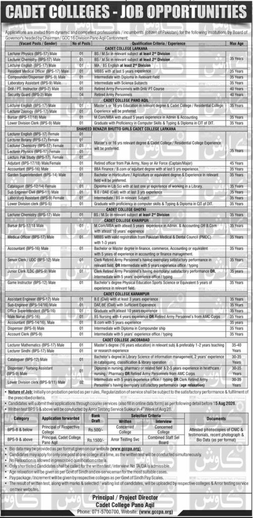 Cadet College Sindh Jobs 2026 Teaching & Non-Teaching Vacancies
