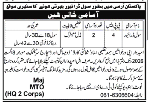 Pakistan Army Civil Driver Jobs 2026