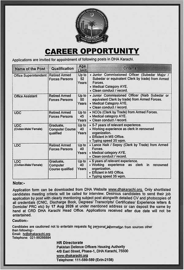 DHA Jobs 2026 Office Assistant, UDC & LDC Vacancies