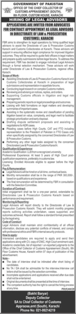 Federal Board of Revenue FBR Legal Advisor Jobs 