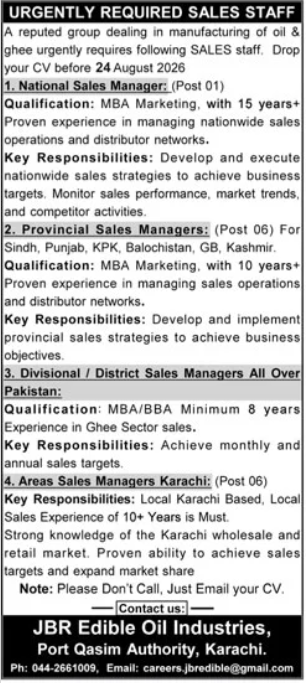 JBR Edible Oil Industries Sales Jobs Karachi 2026