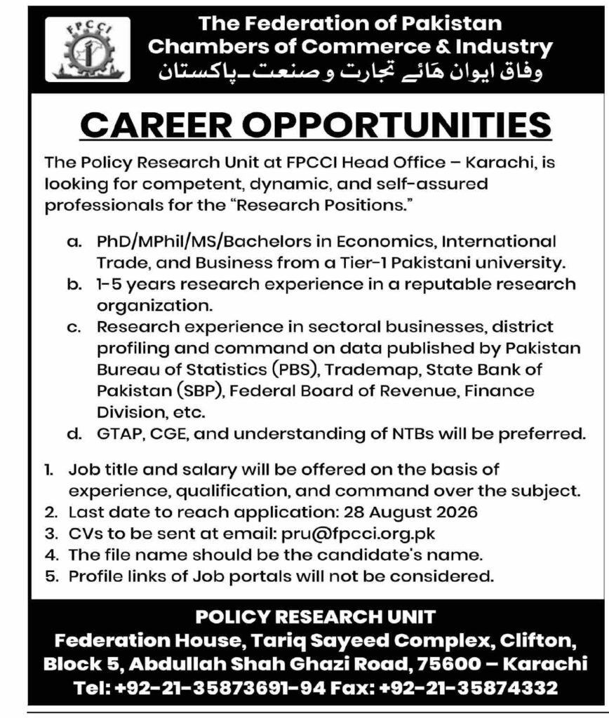 The Federation of Pakistan Chambers of Commerce and Industry Jobs