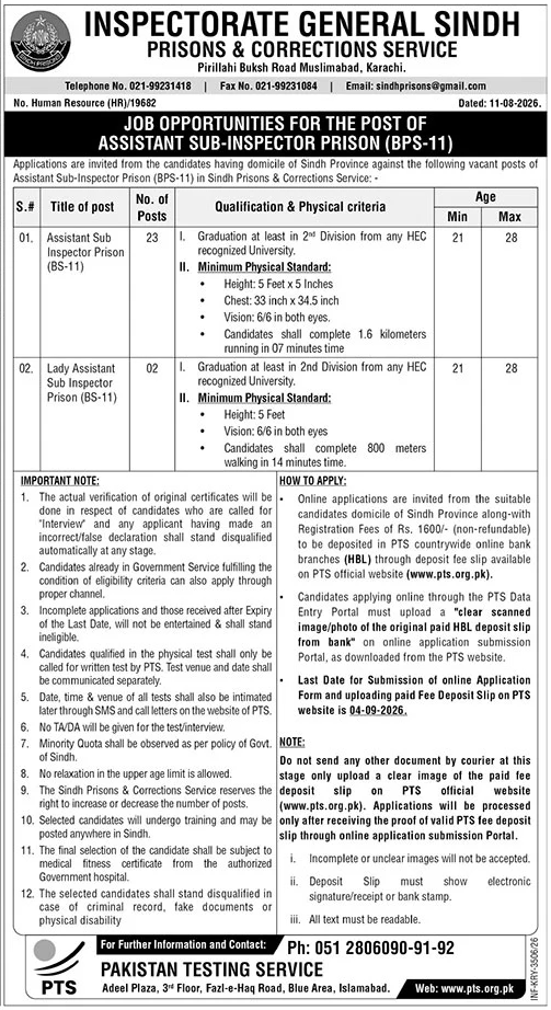 Inspectorate General Sindh Prisons & Corrections Service Jobs 2026