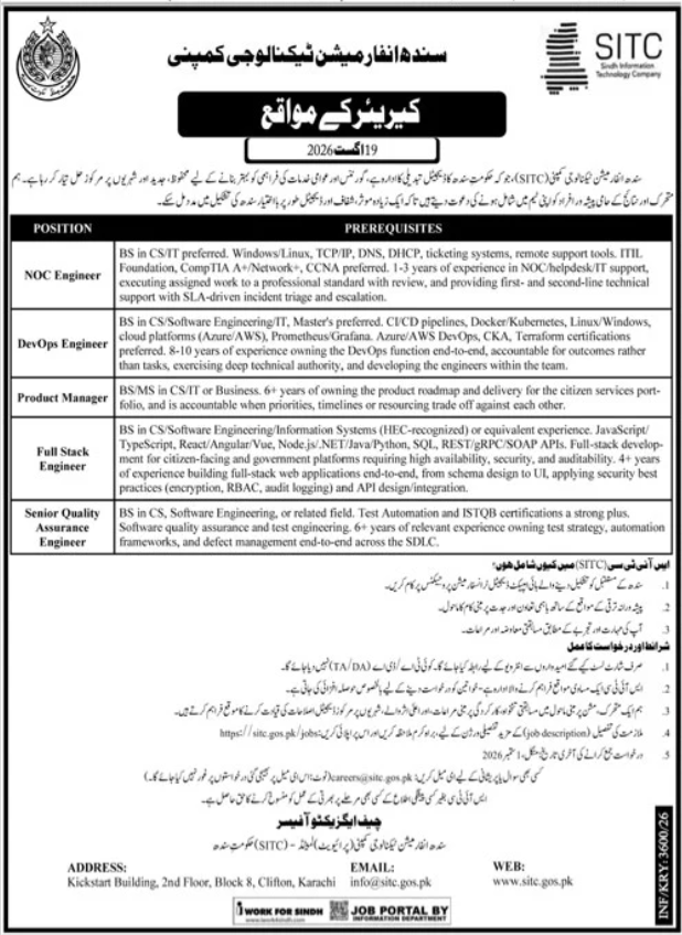 Sindh Information Technology Company SITC IT Jobs 2026