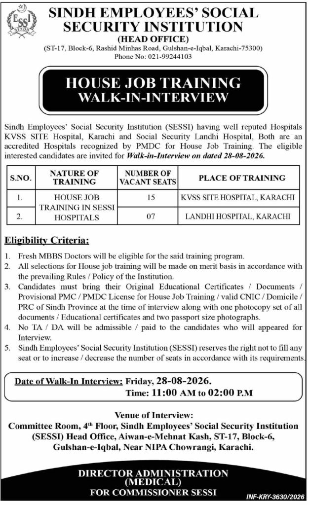 Sindh Employees Social Security Institution SESSI Medical Posts 2026