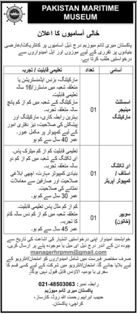 Pakistan Maritime Museum Jobs 2026