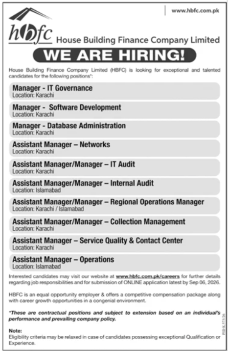 House Building Finance Company Limited HBFC Management Jobs 2026