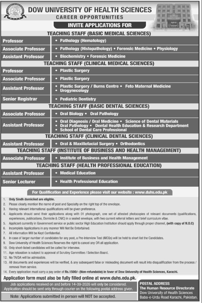 Dow University Of Health Sciences Teaching Staff Jobs 2026