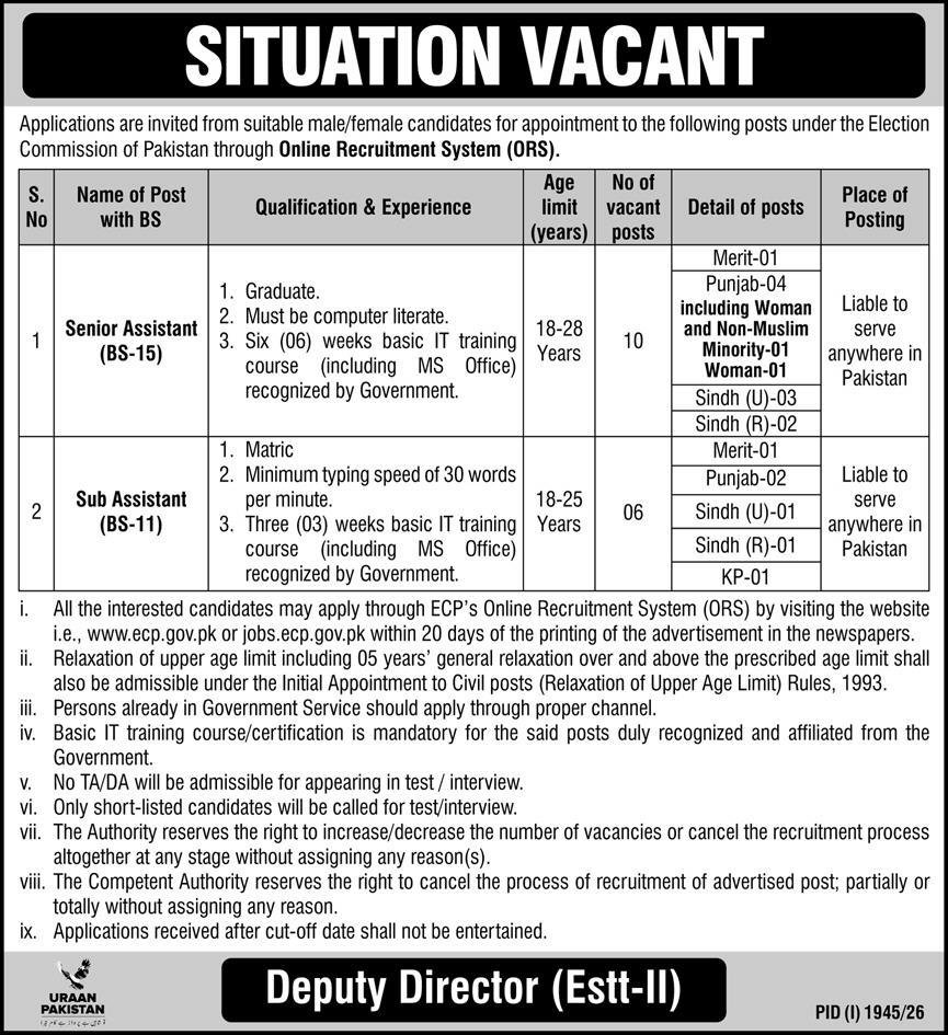 Election Commission Of Pakistan ECP Jobs in Sindh 2026
