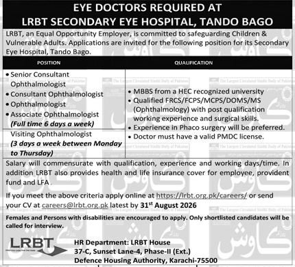 LRBT Secondary Eye Hospital Karachi Jobs by NGO 2026
