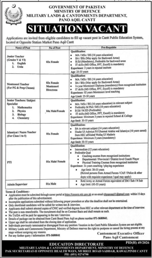 Military Lands and Cantonment Department Pano Aqil Jobs 2026