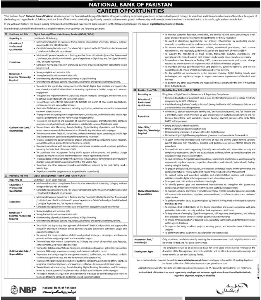 National Bank Of Pakistan NBP Jobs Career 2026