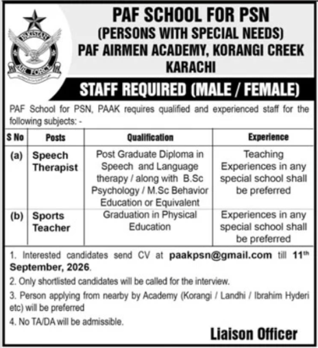 PAF School For Special Education Jobs in Karachi 2026