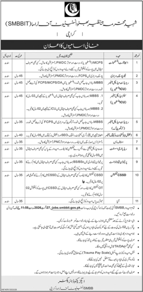 Shaheed Mohtarma Benazir Institute Of Trauma Jobs In 2026