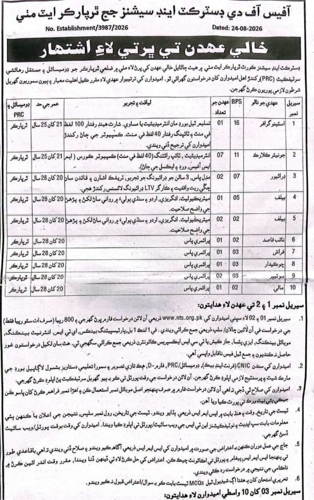 Sindh District Season Judge Office Jobs by NTS 2026