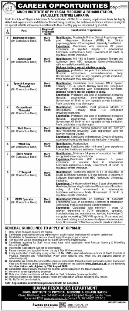 Sindh Institute Of Physical Medicine Jobs 2026