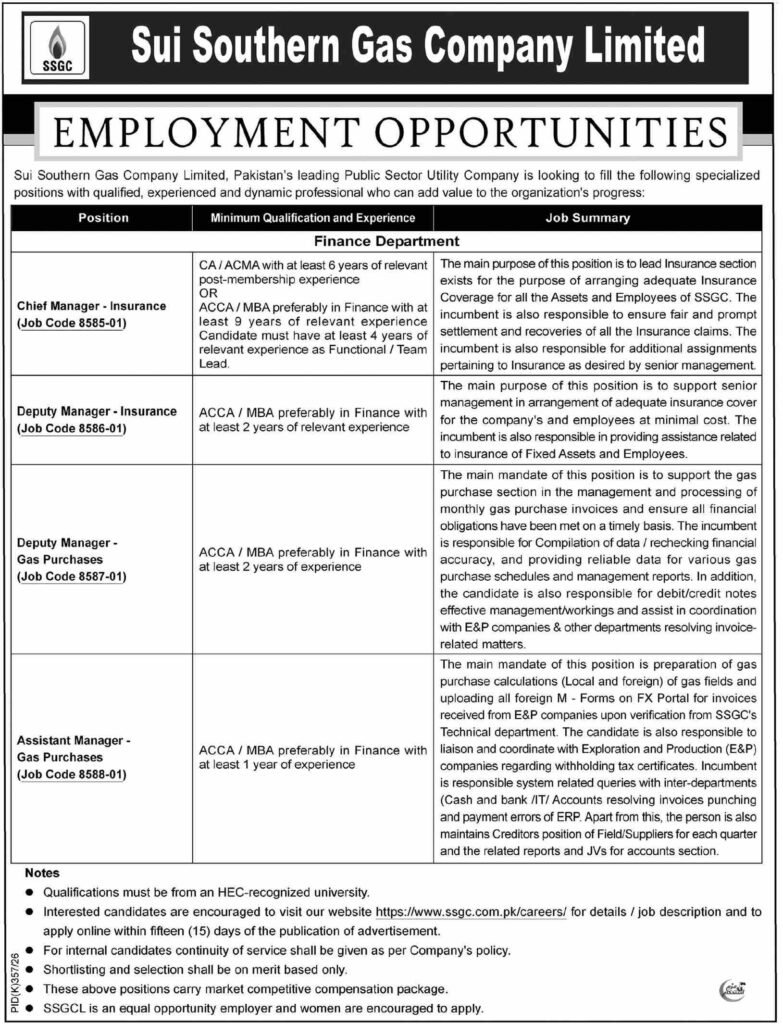 Sui Southern Gas Company Limited SSGC Vacancies Today