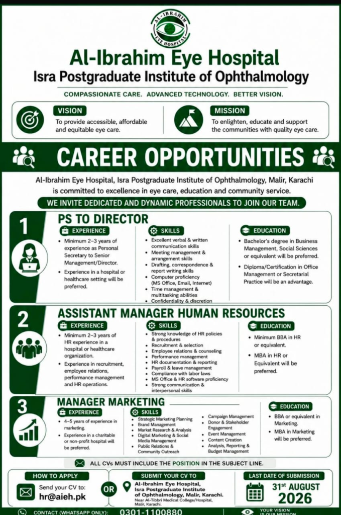 Al-Ibrahim Eye Hospital Karachi Jobs 2026