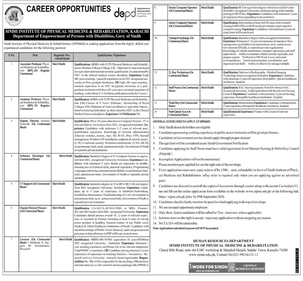 Sindh Institute of Physical Medicine & Rehabilitation Jobs 2026