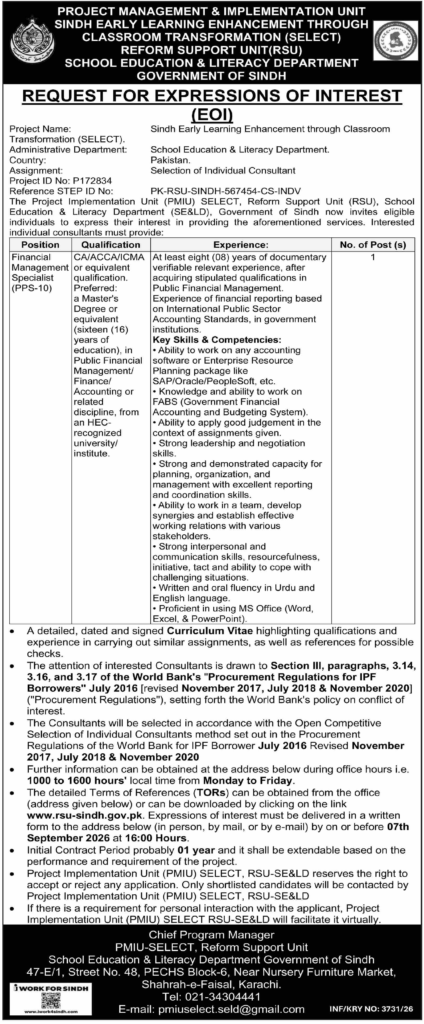 Sindh Early Learning Enhancement SELECT Jobs 2026