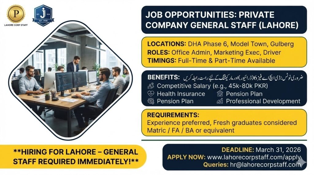 Private Company General Staff Jobs Lahore 2026