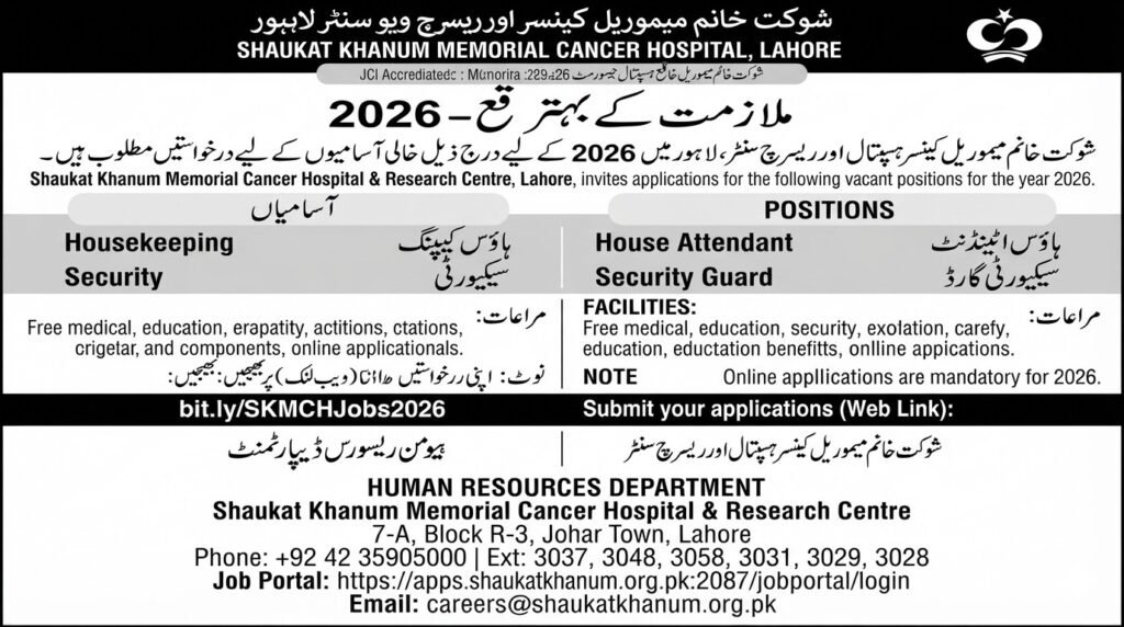 Shaukat Khanum Memorial Cancer Hospital Lahore Jobs 2026
