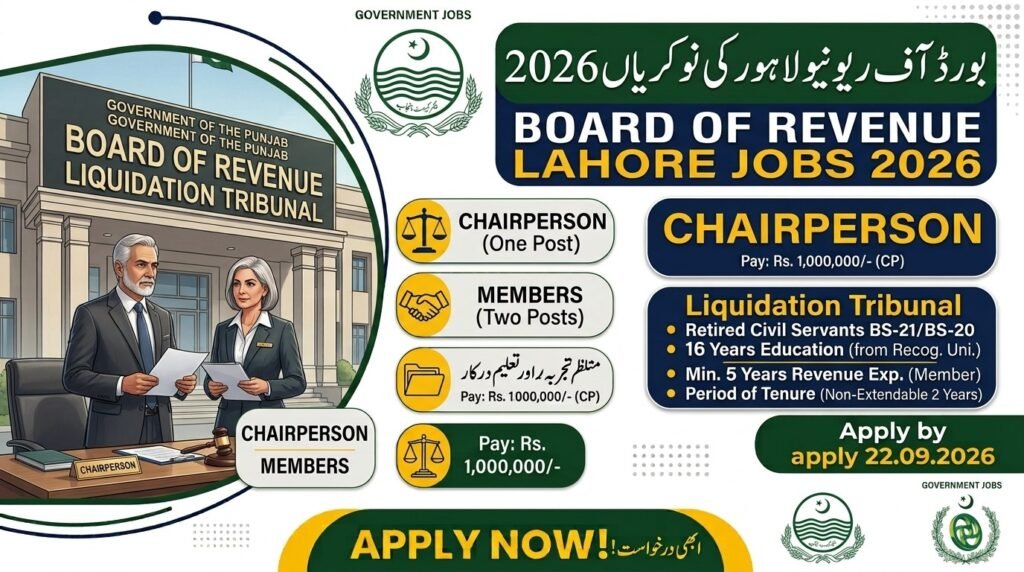 Board of Revenue Lahore Jobs 2026 – Chairperson & Members Liquidation Tribunal