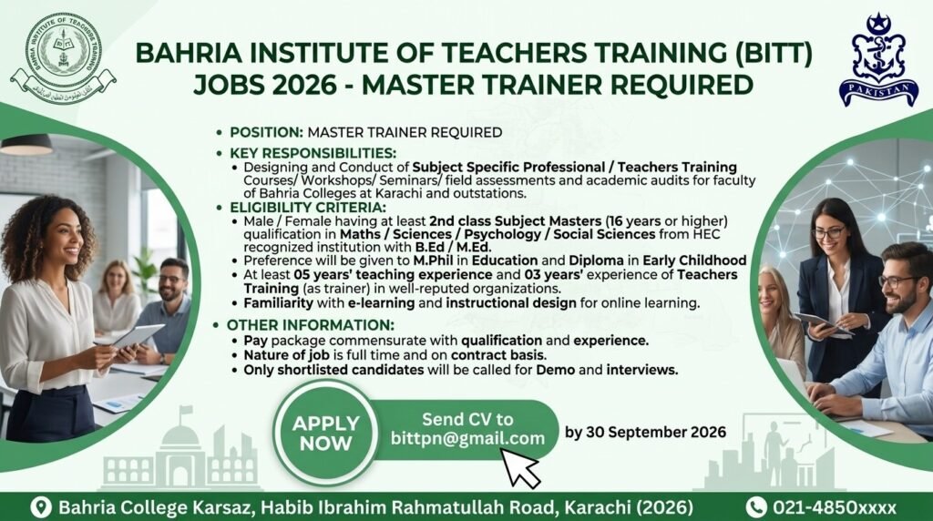 Bahria Institute of Teachers Training Karachi Jobs 2026 Apply Now