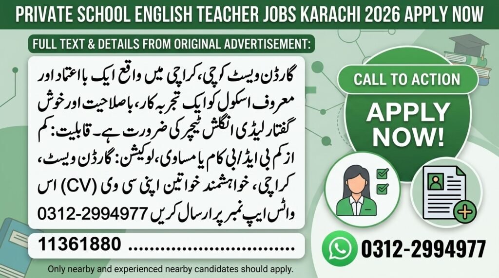 Private School English Teacher Jobs Karachi 2026 Apply Now