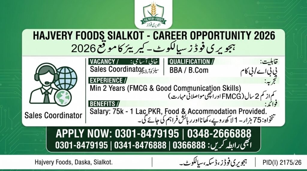 Hajvery Foods Sialkot Jobs 2026 – Sales Coordinator Vacancy Apply Now
