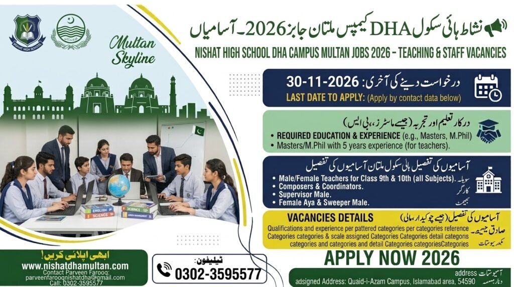 Nishat High School DHA Campus Jobs 2026 Multan – Teaching & Staff Vacancies