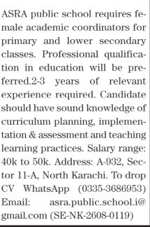 ASRA Public School Jobs 2026 – Female Academic Coordinator