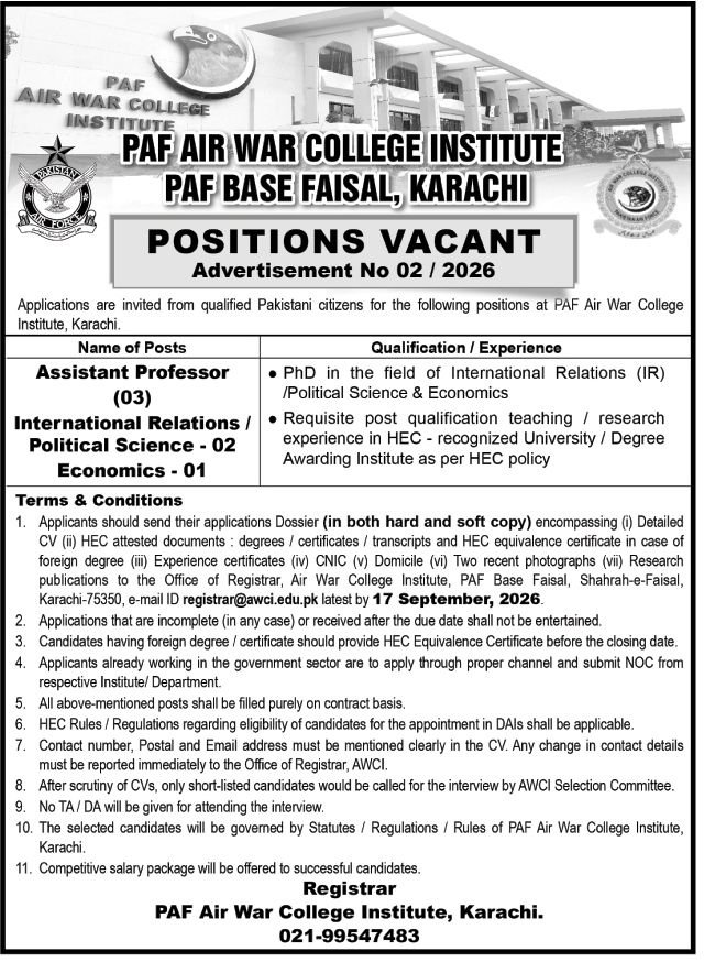 PAF Air War College Education Posts 2026