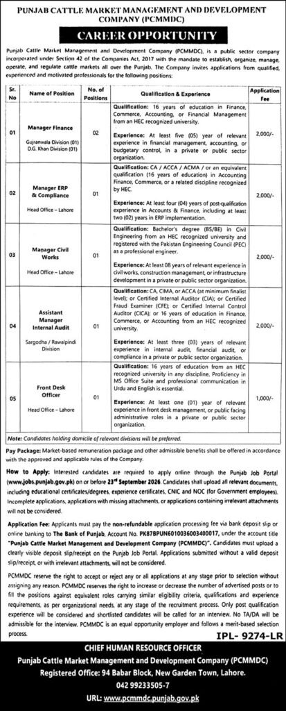 Punjab Cattle Market & Development Company Management Posts 2026

