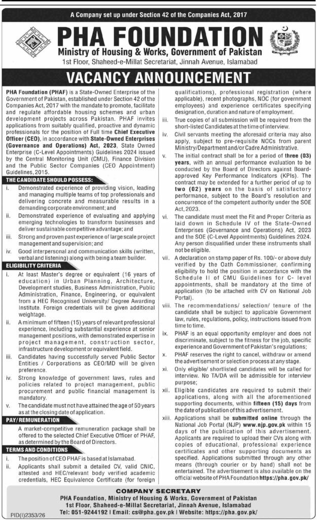 PHA Foundation Jobs 2026 Chief Executive Officer CEO 