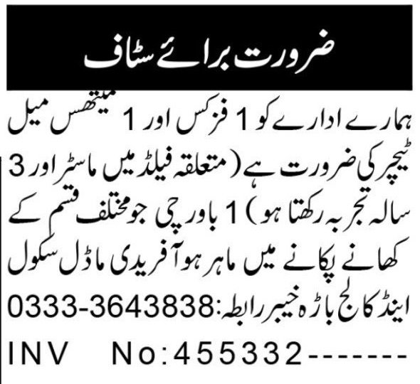 Afridi Model School Jobs 2026 – Physics  Maths Teacher Jobs