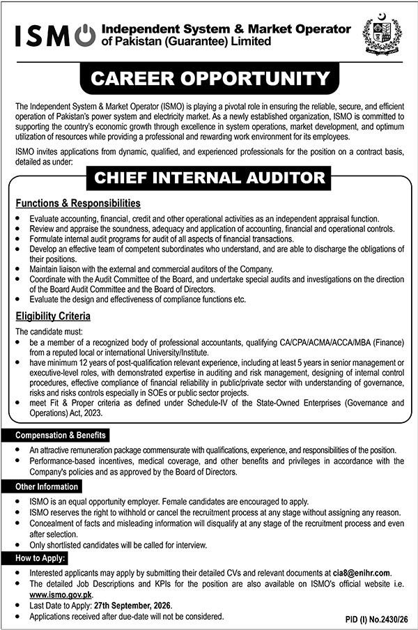 Independent System & Market Operator of Pakistan ISMO Management Posts
